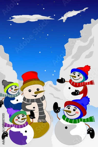 Obraz Colorful snowmen gathered in a snowy mountain valley, dressed in winter hats and scarves beneath a vibrant starry sky. 