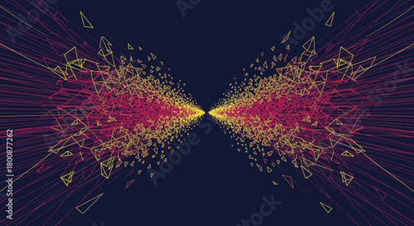 Obraz A vibrant abstract digital artwork features symmetrical bursts of colorful lines and geometric shapes expanding, representing data flow and technological advancement.