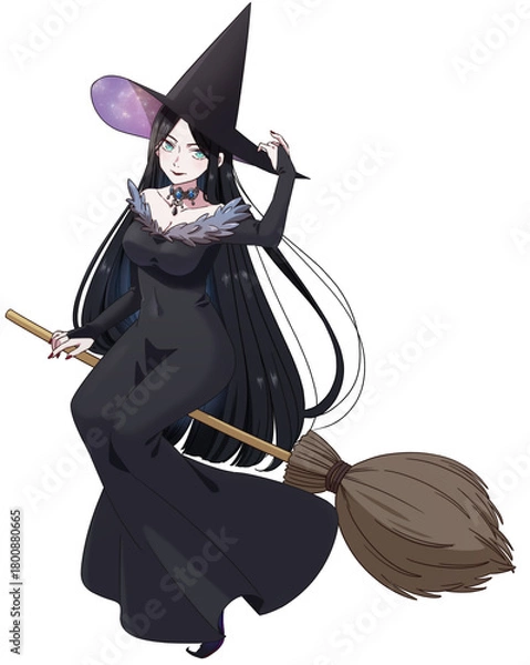 Obraz 箒に乗って飛んでいる黒髪魔女
