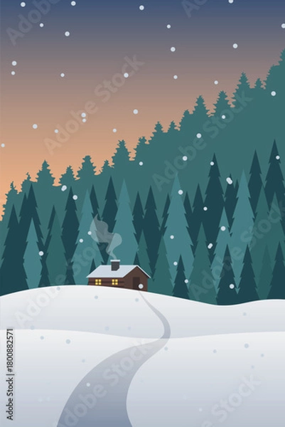 Fototapeta Adobe Illusa peaceful winter scene likely a digital illustration showing a cozy wooden cabin nestled in snowy hills at either sunrise or sunsettrator Artwork