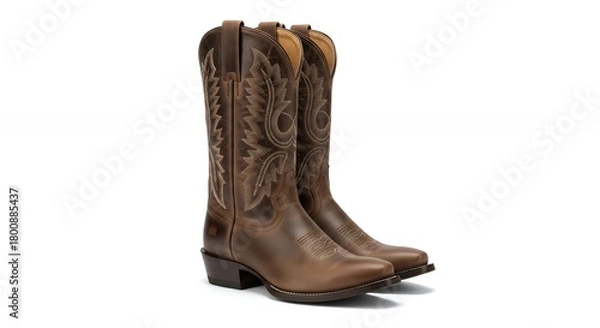 Obraz Elegant Brown Leather Cowboy Boots with Intricate Stitching on White Background