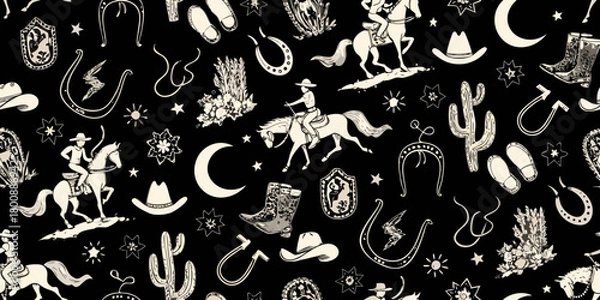 Fototapeta Whimsical western cowboy and horse pattern with cacti boots and moon on black background