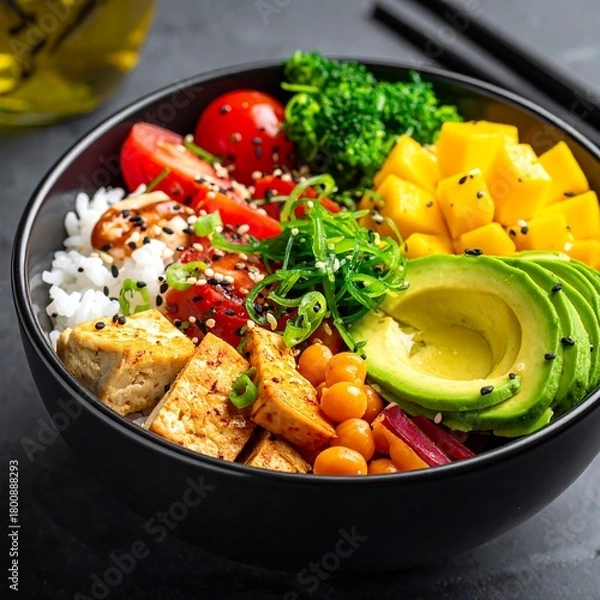 Obraz A close-up shot of a dark bowl filled with a colorful array of fresh, healthy ingredients. Contains tofu, rice, and several vibrant fruits & vegetables