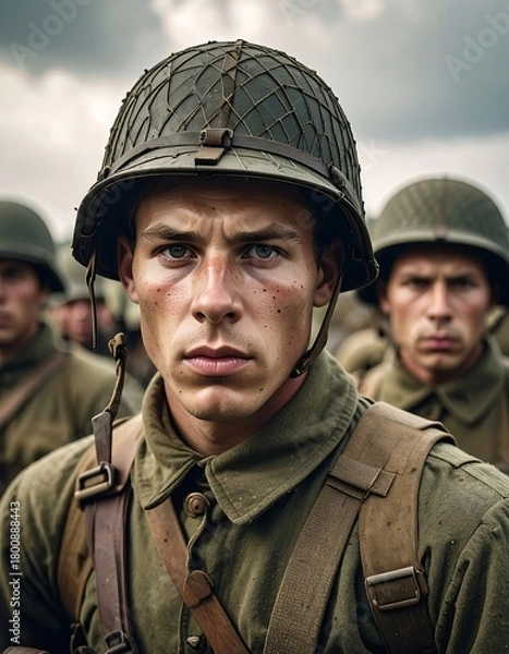 Obraz A close-up shot of a determined soldier in a military helmet and uniform, surrounded by other soldiers
