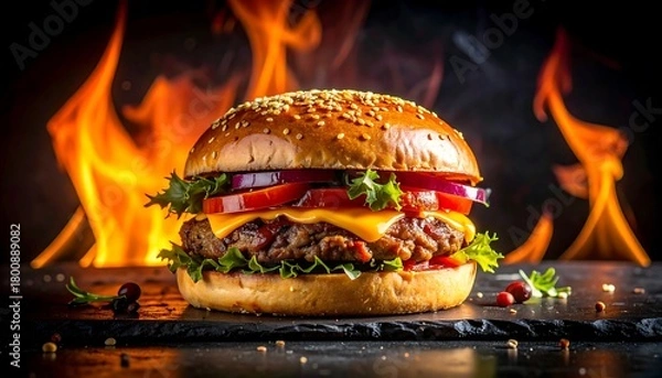 Obraz A close-up shot of a juicy burger with fresh ingredients, stacked high on a sesame seed bun, against a fiery backdrop