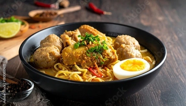 Obraz A close-up shot of a savory bowl filled with noodles, meat, egg, and garnished. Ingredients arranged on dark wood