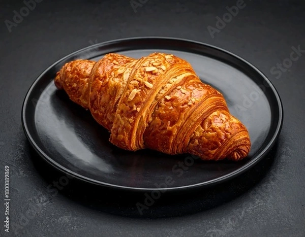 Obraz A close-up shot of a single, freshly baked, golden-brown croissant, topped with flakes, resting on a dark plate