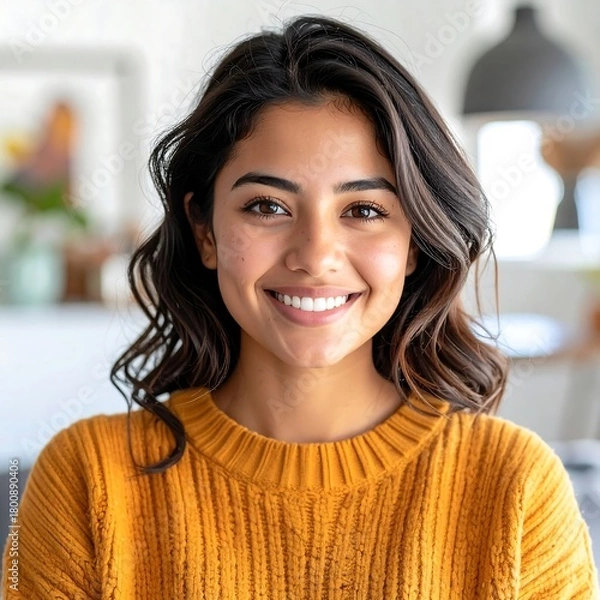 Obraz A close-up shot of a smiling woman with wavy brown hair, wearing a mustard-colored sweater. She's looking at the camera