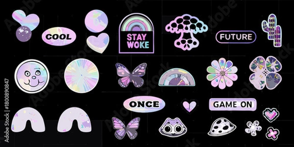 Obraz Collection of holographic iridescent stickers featuring cute characters text and abstract shapes on a black background