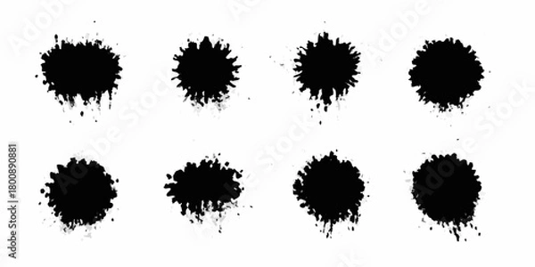 Fototapeta Collection of eight black ink splatter brush strokes on a white background