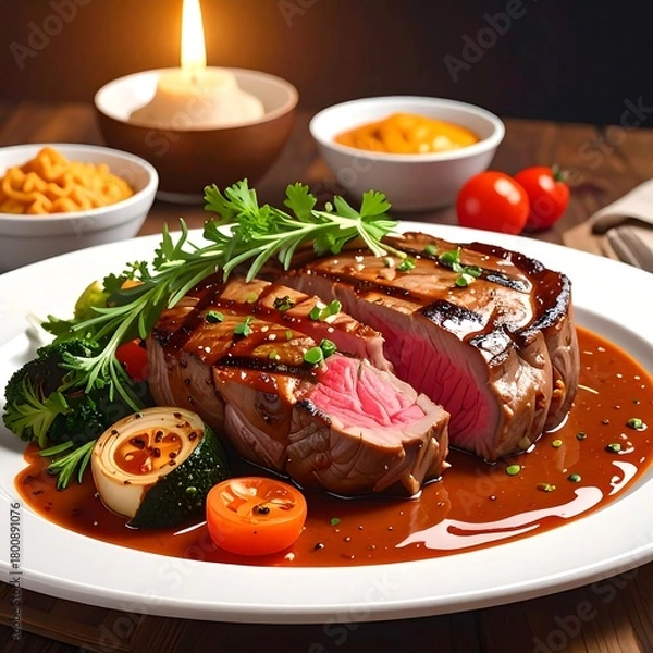 Obraz A close-up shot of a succulent steak, perfectly grilled and served with fresh herbs, vegetables, and a rich, dark sauce