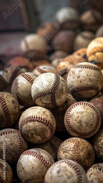 Obraz A close-up shot showcasing a pile of well-worn baseballs. The spheres, showing aged textures and stitching, are stacked together