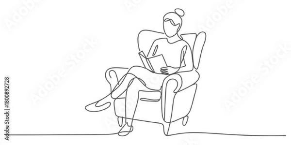 Fototapeta Continuous line drawing of a woman sitting comfortably in an armchair, engrossed in reading a book, illustrating relaxation and learning