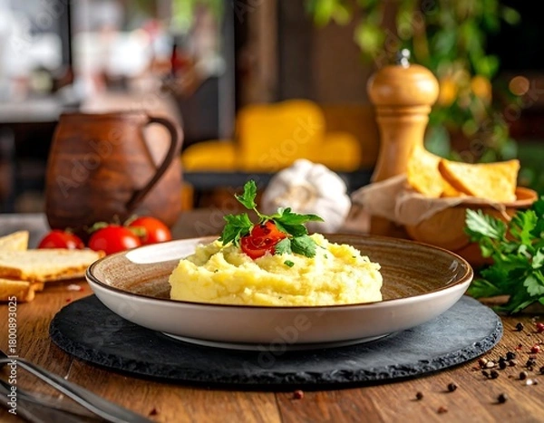 Obraz A close-up showcases a creamy mashed potato dish, garnished with parsley and tomato, on a rustic plate. Surrounding are ingredients