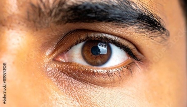 Obraz A close-up view of a brown eye, capturing intricate details of the iris, pupil, and surrounding skin. Highlighting the reflection