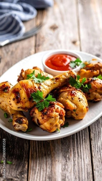 Obraz A close-up view of a white plate holding roasted chicken drumsticks, garnished with parsley, and a small bowl of ketchup