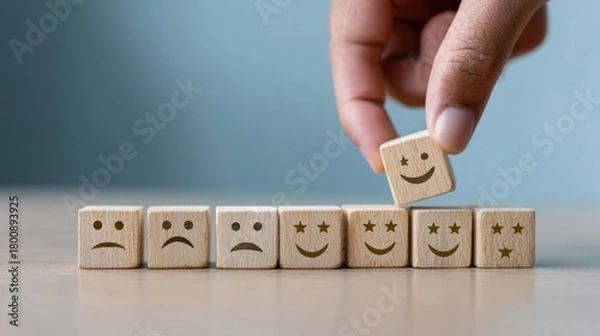 Fototapeta Choosing Joy: A hand carefully selects a smiley-faced wooden block, curating an expression of contentment among a range of emotional options, symbolizing positivity and satisfaction.