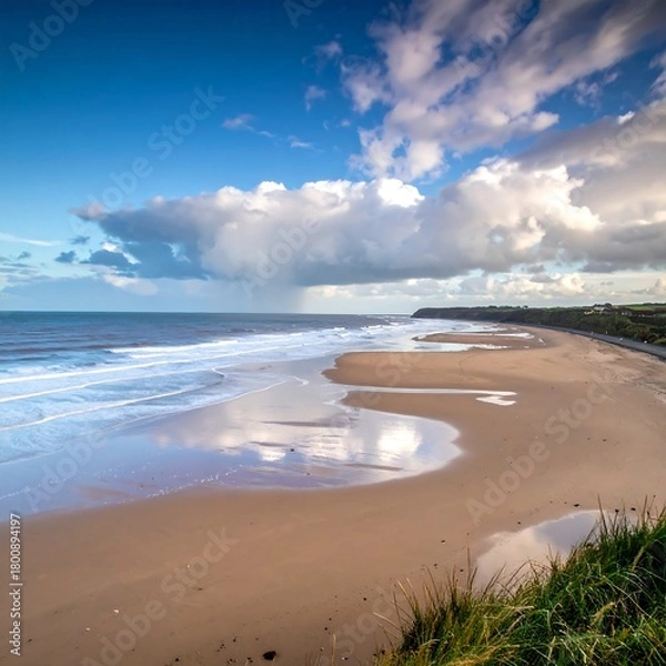 Obraz A coastal landscape features a wide, sandy beach merging into the ocean under a cloudy sky. The horizon is filled with white caps