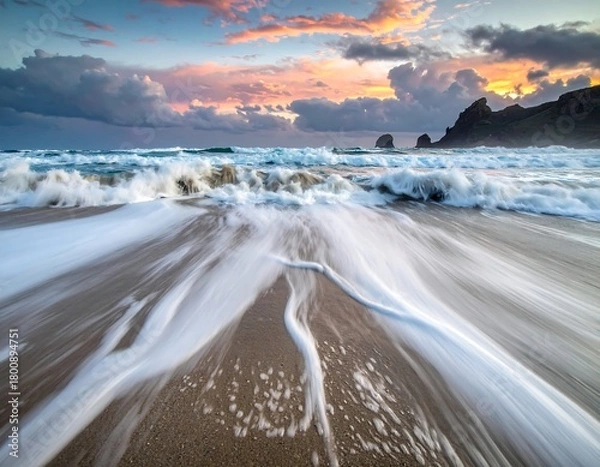Obraz A coastal scene at sunset depicts waves surging onto the sandy shore, with mountains under a colorful sky