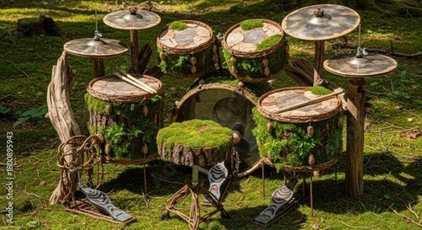 Fototapeta Enchanted Forest Drum Kit: Rustic, Moss-Covered, Natural Musical Instrument.