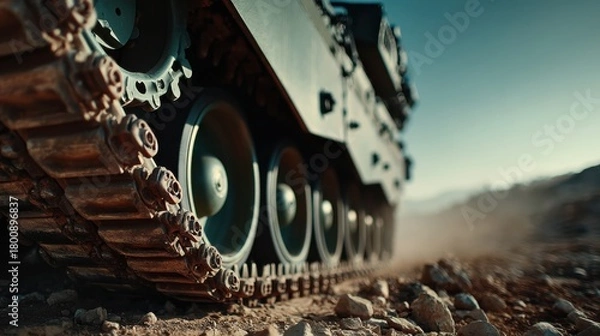 Fototapeta A close-up view of a military tank"s tread on rocky terrain, highlighting its robust design and powerful presence in a dusty environment.
