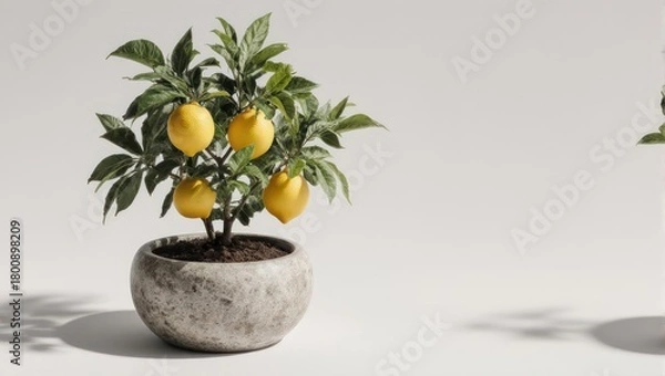 Obraz A small lemon tree with ripe yellow lemons in a concrete pot on a white background.