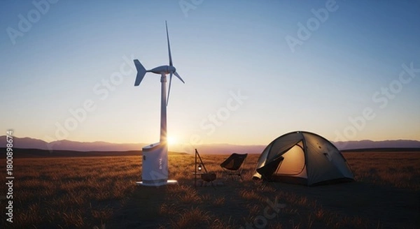 Fototapeta Portable Wind Generator Provides Sustainable Power for Camping in a Remote Field at Sunset
