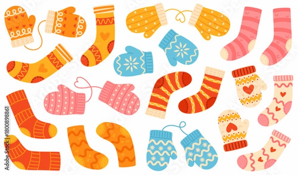 Obraz Set of knitted socks and mittens with patterns.