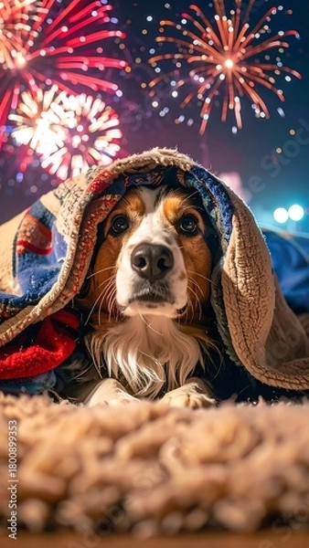 Obraz A dog peeks out from under a blanket as colorful fireworks explode in the dark sky above