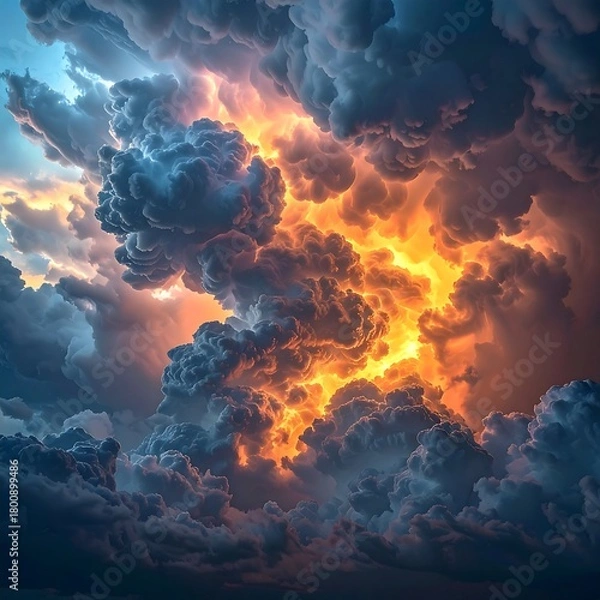 Obraz A dramatic depiction of an intensely luminous celestial event. Dark, swirling clouds contrast the bright, fiery core, suggesting immense energy