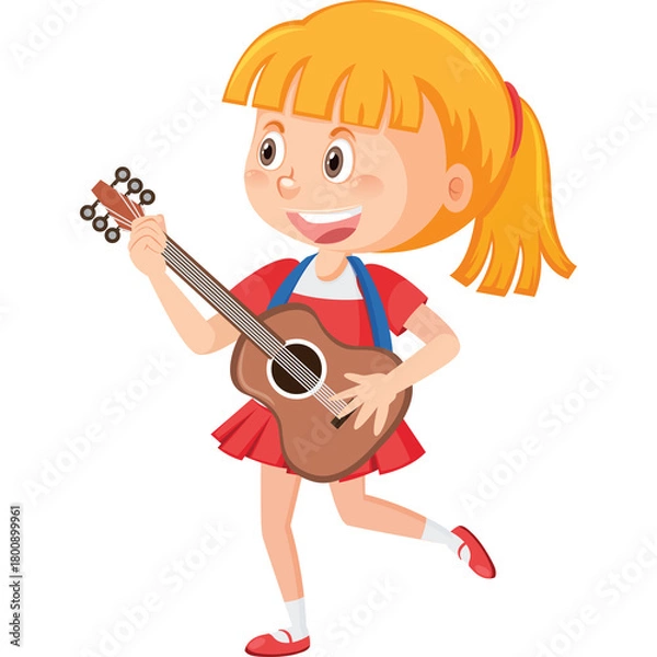 Obraz Young Girl Playing Guitar With Red Dress And White Socks On Transparent Background