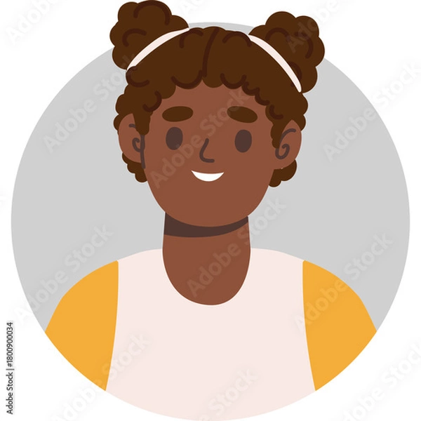 Obraz Young Girl Portrait with Brown Skin and Double Buns Hairstyle Wearing a White and Orange Top Against a Gray Circle Background Simple Flat Illustration