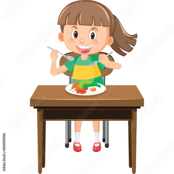 Obraz Young girl sits at a wooden table holding a fork and knife ready to eat a plate of food with green and red vegetables and rice on a transparent background