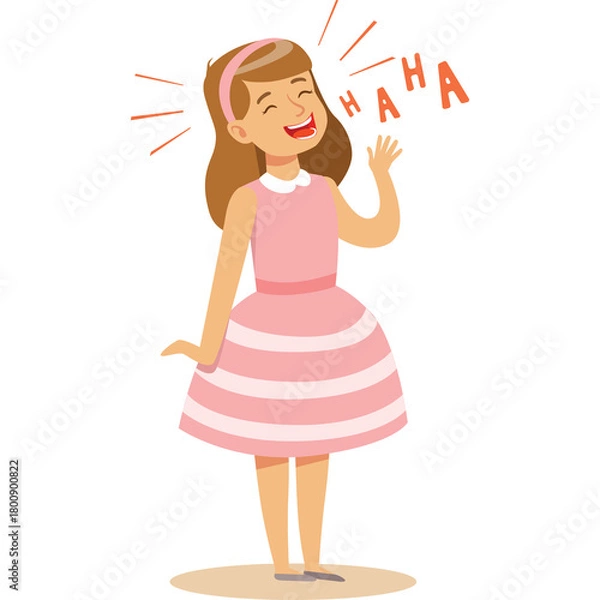 Obraz Young Girl Laughing Out Loud Wearing a Pink Dress and Headband with HA HA Text and Sparkles on Transparent Background