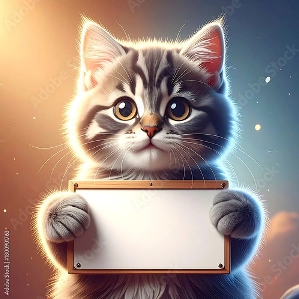 Obraz A fluffy, tabby kitten with large eyes, holding a blank wooden sign. Soft lighting and a blurred background