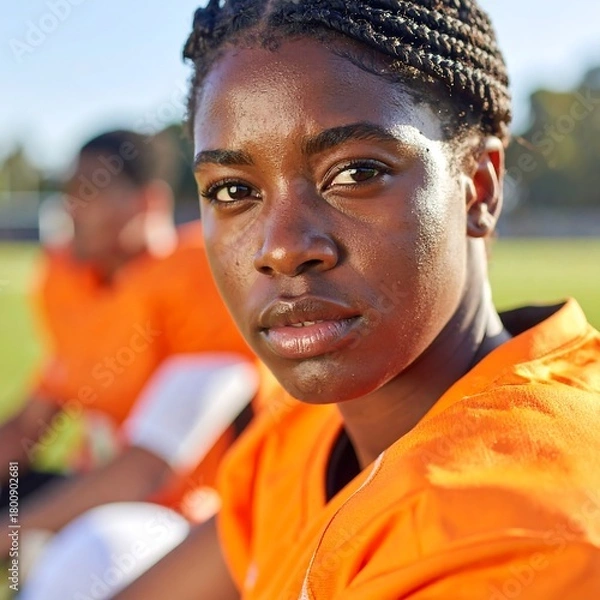 Obraz A focused young woman in an orange jersey stares intently at the camera, with a teammate blurred in the background on a sunny day