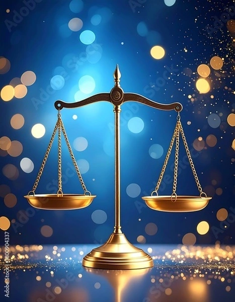 Obraz A golden, ornate balance scale sits centered against a blurred background of blue and warm-toned bokeh lights. The image conveys justice