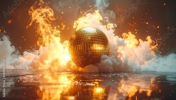 Obraz A golden sphere, resembling a disco ball, is engulfed in flames and billowing smoke, creating a surreal and dramatic scene