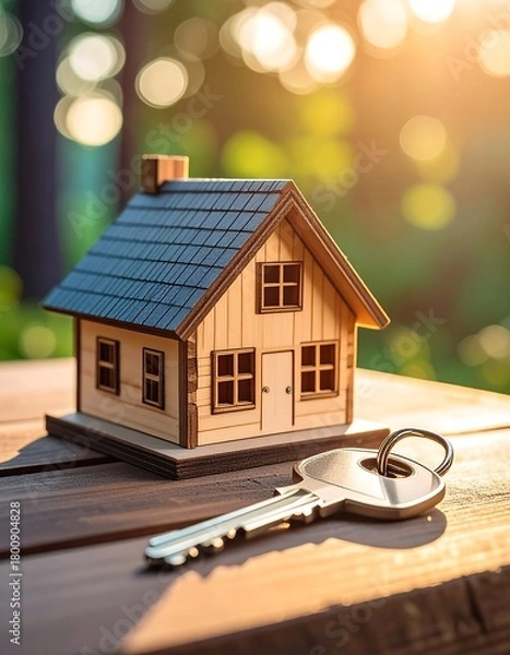 Fototapeta A miniature wooden house and a shiny key rest on a wood surface, sunlight streaming through a blurred green background