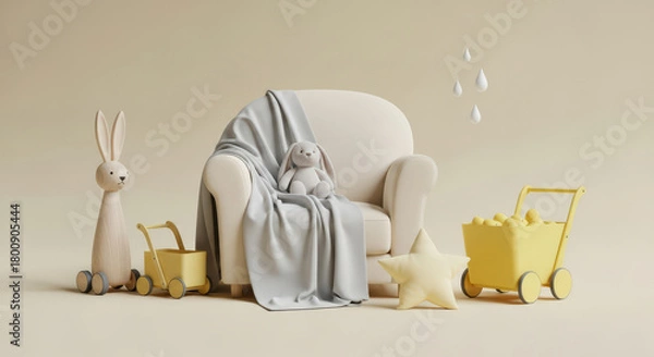 Fototapeta Charming Nursery Scene with Plush Bunny, Wooden Toy, and Yellow Cart Filled with Balls on a Soft Beige Backdrop Evoking Childhood Innocence and Playful Decor
