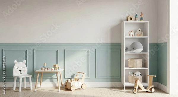 Fototapeta Charming Children's Room with Pastel Colors, Wooden Toys, Playful Furniture, and a Cozy Atmosphere for Creative Play and Early Childhood Development