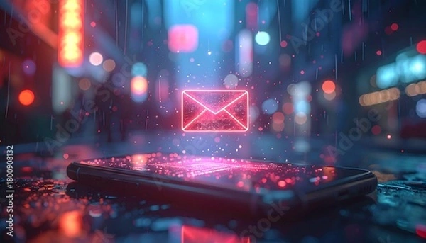 Obraz A luminous email symbol hovers above a smartphone. Rain falls in a blurred cityscape with neon lights