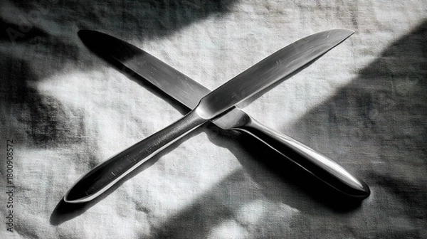 Fototapeta tablecloth. Crossed stainless steel knives on a textured linen tablecloth with sharp shadows. menu design, packaging mockups, designed for culinary blogs and recipe cards for restaurants.