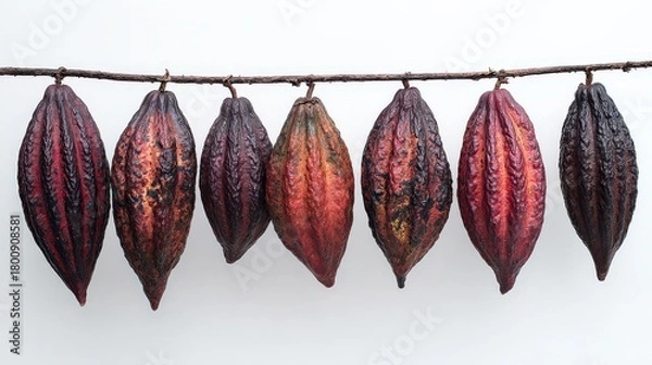 Fototapeta Close Up View of Hanging Cacao Pods Displaying Varying Colors against a White Backdrop