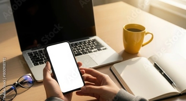 Fototapeta Person holds smartphone with blank screen next to laptop and coffee
