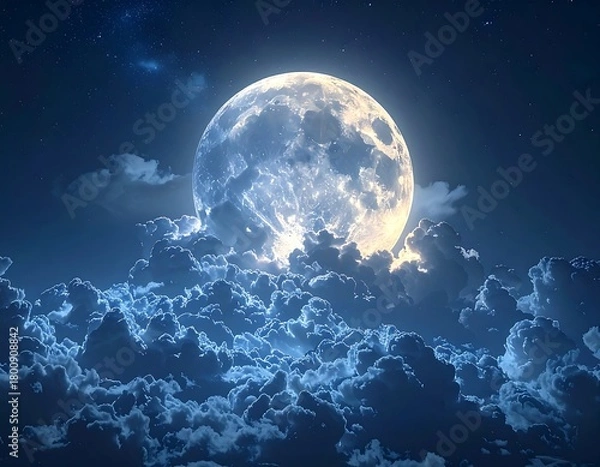 Obraz A luminous full moon shines brightly in the deep blue night sky, partially obscured by fluffy, layered clouds