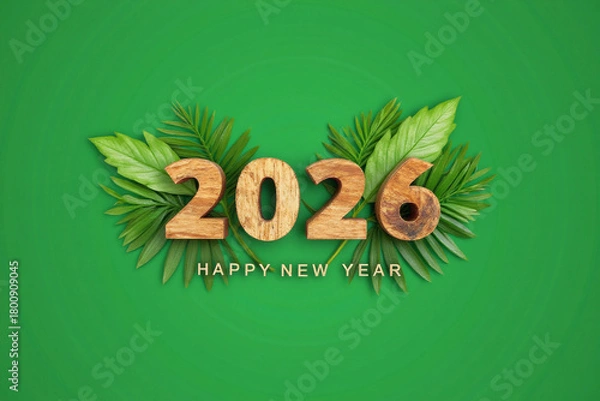 Fototapeta Happy new year 2026. Wooden cube with the number 2026 with tropical leaves monstera on green background. Top view. Start concept. 3d rendering.