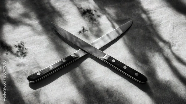 Fototapeta tablecloth. Crossed stainless steel knives on a textured linen tablecloth with sharp shadows. menu design, packaging mockups, designed for culinary blogs and recipe cards for restaurants.