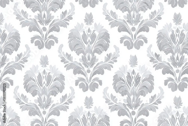 Fototapeta Elegant Gray Floral Damask Pattern on White Background with Antique Style Gray Scale Vintage Repeat Pattern for Textile Print and Wrapping Paper Design