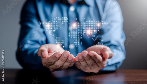 Obraz Human hands supporting a holographic world map with bright nodes, illustrating worldwide communication and tech networks.